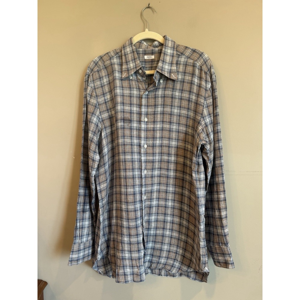 Barba Napoli Linen Blue Plaid Button Up XL